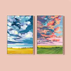 two paintings on the wall, one is blue and one is yellow with clouds in the sky