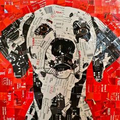 a dog made out of newspaper pieces on red background