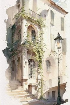 watercolor painting of an old building with ivy growing on it's windows and balconies