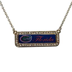 Ncaa Florida Gators Rectangle-Shaped Necklace. Rhinestone Border With Authentic Florida Gator In The Center. Blue Background With Orange Letters. New In Package. Florida Logo, Gators Logo, Florida Gators Logo, Gator Logo, Southwestern Necklace, Florida Gator, Rose Gold Pendant Necklace, Rectangle Necklace, Gold Locket Necklace