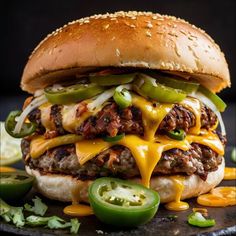 a cheeseburger with green peppers and jalapenos on a black plate