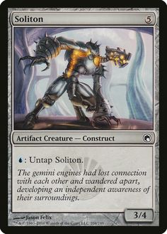 a card with an image of a robot holding another robot's arm, and the caption reads artifact creature construct