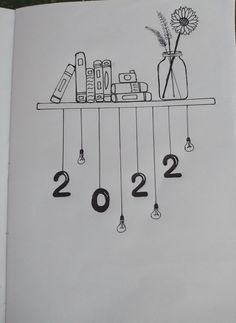 a drawing of a shelf with books and flowers hanging from it's sides in the shape of numbers