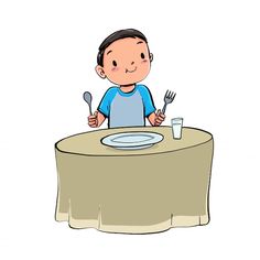 a little boy sitting at a table with a plate and fork