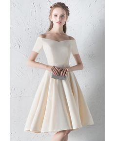 Buy champagne off shoulder aline simple homecoming dress with sleeves at wholesale price online. Free shipping and pro custom service since 2009. Homecoming Dress With Sleeves, Simple Homecoming Dresses, Staff Party, Dress With Sleeves, Aline Dress, Half Sleeve Dresses, Homecoming Dress, Sleeveless Wedding Dress, Half Sleeves