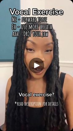 a woman with long black hair has an ad for vocal exercise