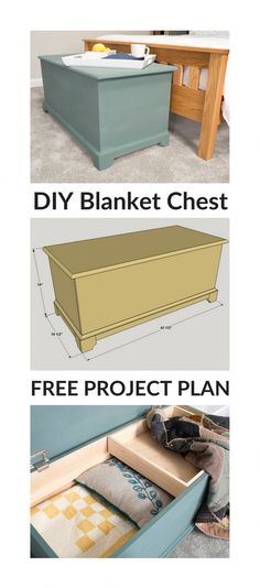 three different types of furniture with the words diy blanket chest and free project plan