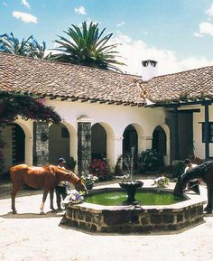 two horses standing in front of a building with water and flowers on the courtyard area