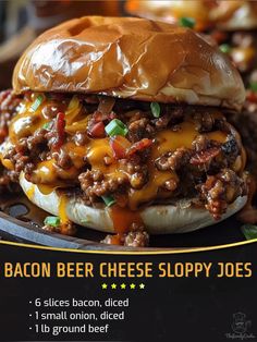 the bacon cheese sloppy joe sandwich is ready to be eaten with it's buns