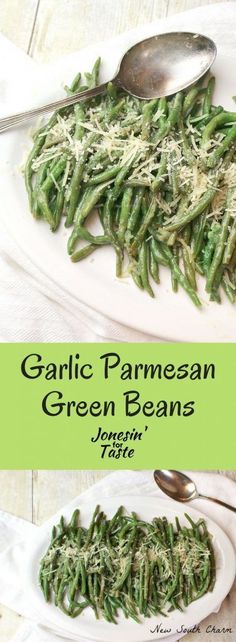 garlic parmesan green beans on a white plate