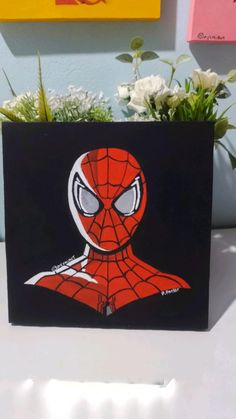 a potted planter with a spiderman face painted on it