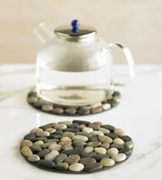 two pictures of rocks and a teapot with water in the bottom one has a blue lid