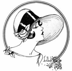 a drawing of a woman wearing a hat with flowers on her brimmed hair