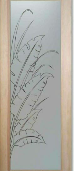 a glass door with an artistic drawing on the front and side panels in wood frame