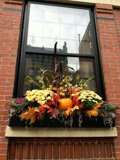 a window sill filled with lots of colorful flowers and plants next to a brick building