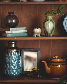 books, vases and other decorative items sit on a wooden shelf next to a potted plant