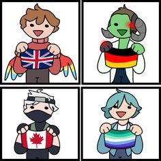 four different pictures of people with canadian and british flags on their faces, one in the middle