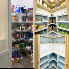 two pictures side by side one shows the inside of a pantry and the other shows shelves with food