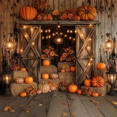 pumpkins and hay bales in front of an open barn door with lights on