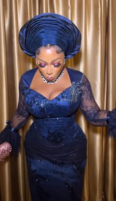 Dark Blue Asoebi Lace, Navy Blue Asoebi Lace Styles In Nigeria, Navy Blue Lace Asoebi Styles, Navy Blue Asoebi, Yoruba Introduction Outfit, Cord Lace Gown Styles Aso Ebi, Blue Lace Styles, Nigerian Traditional Attire, Wedding Asoebi