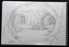 a pencil drawing of a tunnel in the woods