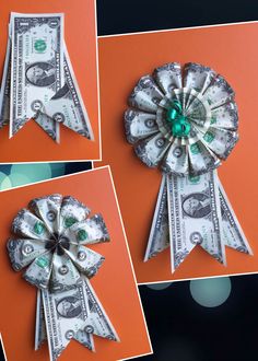 dollar bill origami rosette made out of rolled up bills on an orange background