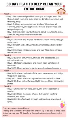 the 30 - day plan to deep clean your entire home with this printable checklist