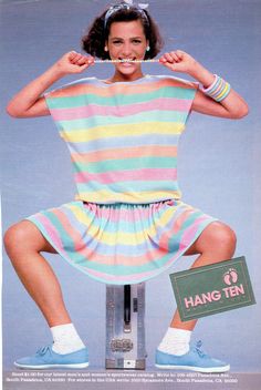 Hang Ten Pastel Dress - 1984 I remember this ad and how much I loved the multi-color 1984 Fashion, 1980s Outfits, Pastel Dresses, Pastel Shirt, Kawaii Clothes Goth, Fashion 1980s, 80's Fashion, Valley Girl, 80’s Fashion