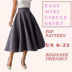 a woman wearing a skirt with the text easy midi circle skirt