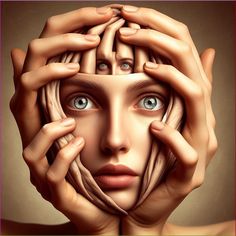 a woman's face with hands on her head and eyes in the shape of two hands