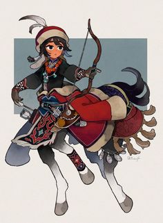 a woman riding on the back of a horse with a bow and arrow in her hand