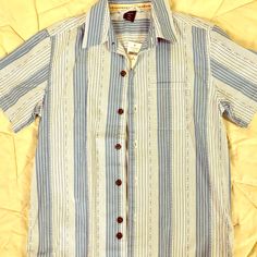 Blue And White Stripe. Light Blue Collared Cotton Short Sleeve Shirt, Light Blue Cotton Collared Short Sleeve Shirt, Gap Striped Cotton Tops, Striped Cotton Gap Tops, Gap Cotton Button-up Tops, Gap Cotton Collared Tops, Gap Collared Cotton Tops, Gap Cotton Shirt With Buttons, Casual Gap Top With Button Closure