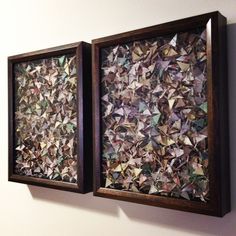 two pieces of art are hanging on the wall next to each other, one is made out of folded origami