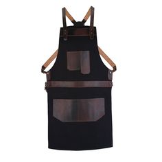 a black apron with brown leather straps