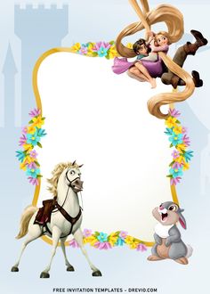 an image of a frame with animals and princesses on the front, as well as a