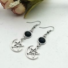 Free shipping on all Crescent, Goddess, Black Stone, Pentacle, Moon, & Sun Witch Earrings. Gothic Celestial, Satanic Jewelry, Black Stone Earrings, Wiccan Necklace, Pentagram Pendant, Goth Earrings, Witch Earrings, Gothic Earrings, Witch Jewelry