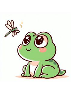 a green frog sitting on the ground with a dragon flying above it's head