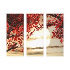 three panels with red leaves on them and the sun in the sky behind them,