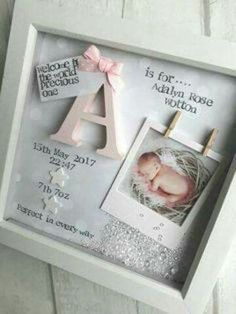 a baby's birth announcement in a box with the letter a and an image of a