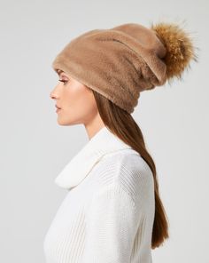 This scrunched beanie has a faux-fur pom-pom on the top, so it's bound to make you smile every time you wear it. Jumpsuit Jacket, Faux Fur Pom Pom, Outerwear Vest, On The Top, Fur Pom Pom, Fall Collections, You Smile, Sweater Skirt, Wear It