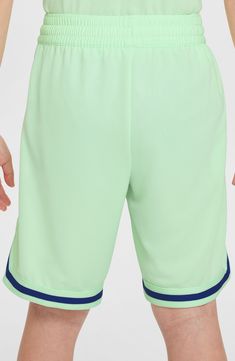 Ready to play in any activity, these lined athletic shorts wick away sweat and sport handy pockets to hold your young athlete's gametime essentials. 7 1/2" inseam; 20" leg opening; 10 1/2" front rise; 12 1/2" back rise (size medium) Elastic/drawstring waist Front slant pockets; side-seam zip pocket Lined Dri-FIT moisture-wicking technology 100% polyester Machine wash, dry flat Imported Nike Athletic Shorts With Elastic Waistband For Gym, Nike Moisture-wicking Short Swim Trunks, Nike Moisture-wicking Swim Trunks, Nike Athletic Nylon Shorts With Elastic Waistband, Nike Sporty Short Leg Athletic Shorts, Nike Breathable Nylon Athletic Shorts, Team-colored Bottoms For Summer Sports, Nike Go-dry Athletic Shorts For Jogging, Nike Nylon Sports Shorts