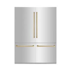 a stainless steel refrigerator freezer with two doors and gold handles on the bottom, in front of a white background