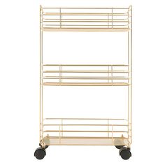 a gold metal shelf with wheels and two shelves on each side, against a white background