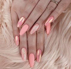 Peach And Chrome Nails, Matt And Chrome Nails, Coral Nails With Gold Foil, Peach Chrome Nails Designs, Coral Chrome Nails Designs, Salmon Chrome Nails, Coral Pink Chrome Nails, Peach Nails Chrome, Chrome Nails Coral