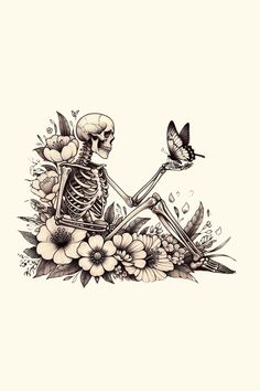 a skeleton sitting on top of flowers with a butterfly flying over it's head