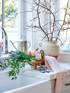 a kitchen sink with flowers and scissors on it next to a potted plant in the window sill