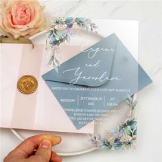 clear acrylic wedding invitation watercolour leaves blue envelope Bridal Party Sign, Wedding Stirrers, Drink Stirrers Wedding, Watercolour Leaves, Acrylic Wedding Invitation, Wedding Invitation Trends, Kids Wedding Activities, Baby Announcement Cards, Acrylic Wedding Invitations