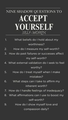 Tap into the benefits of shadow questions to revolutionize your self-awareness and personal growth. 🌠 These questions help you identify and address hidden aspects of your psyche, promoting healing and transformation. 🌈 Embrace the journey of understanding and self-improvement as you unlock new levels of clarity and confidence. 🌟🦋 Accept Yourself Shadow Work Self Esteem, Self Improvement Questions, Self Validation Journal Prompts, Self Awareness Questions, Shadow Questions, Self Validation, Accept Yourself, Journal Inspiration Writing, Healing Journaling