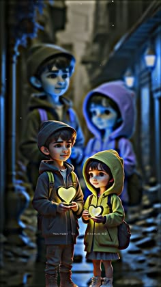 two children standing next to each other in front of a building with lights on their hands