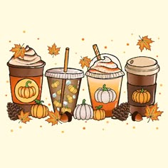 three cups of iced coffee with pumpkins and leaves on the table next to each other